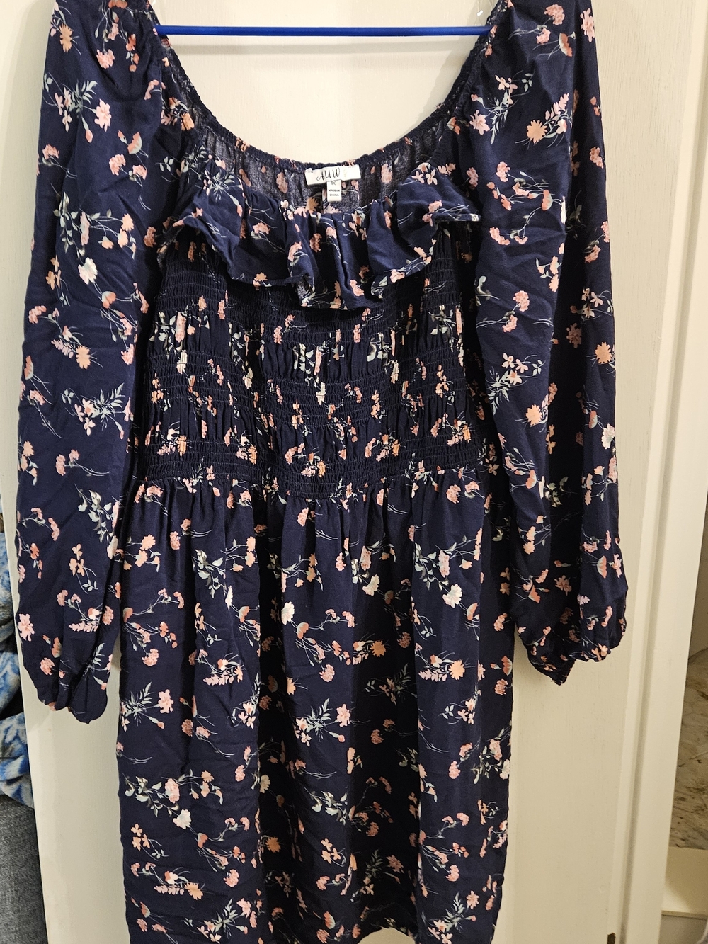 Girls Navy Floral Smocked Dress with Ruffle Neckline